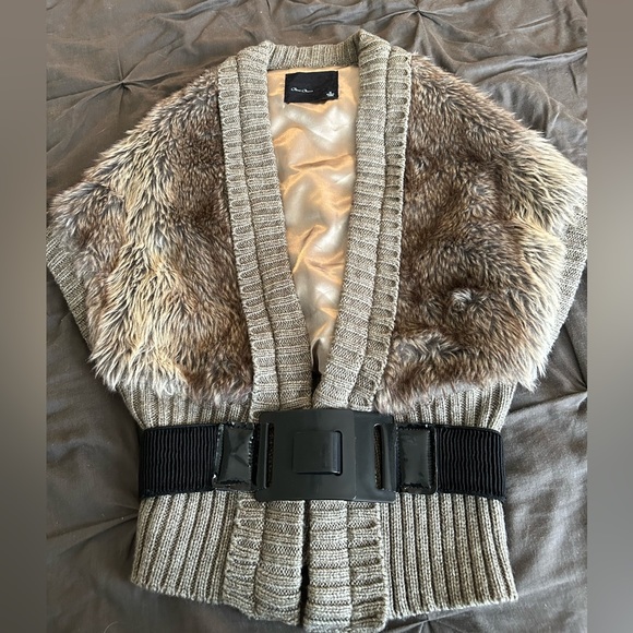 Faux fur belted sweater vest, gray/brown/taupe M - Picture 1 of 5